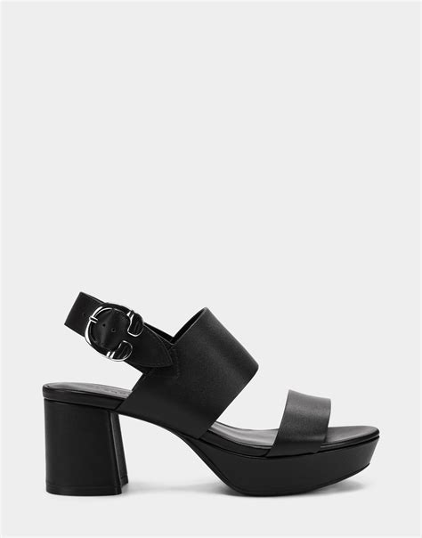 Camera Black Genuine Leather Platform Block Heel Sandal